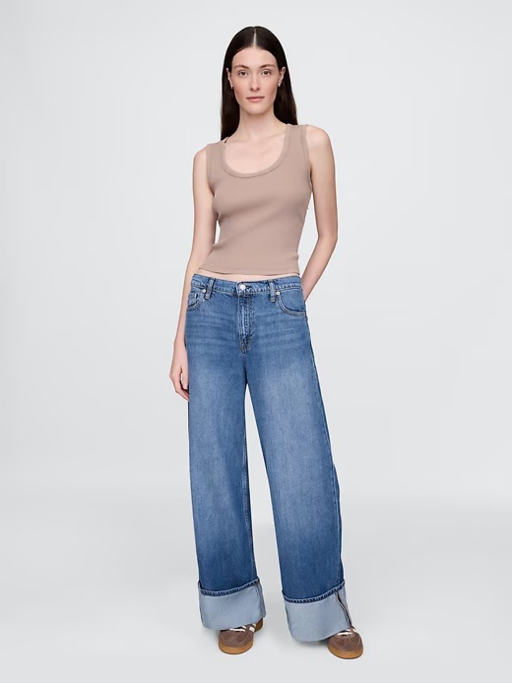 Women's Mid Rise Ultrasoft Cuffed Baggy Jeans (Cuffed Medium Wash)